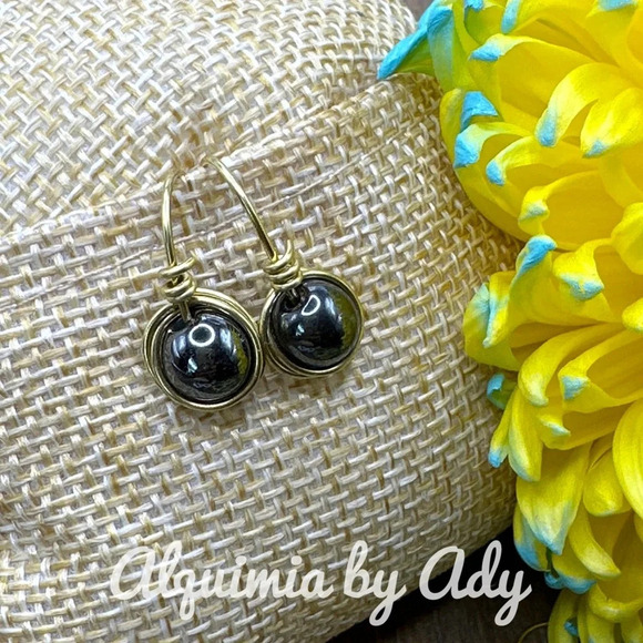 Statement gold gray hematite drops earrings - Picture 1 of 2